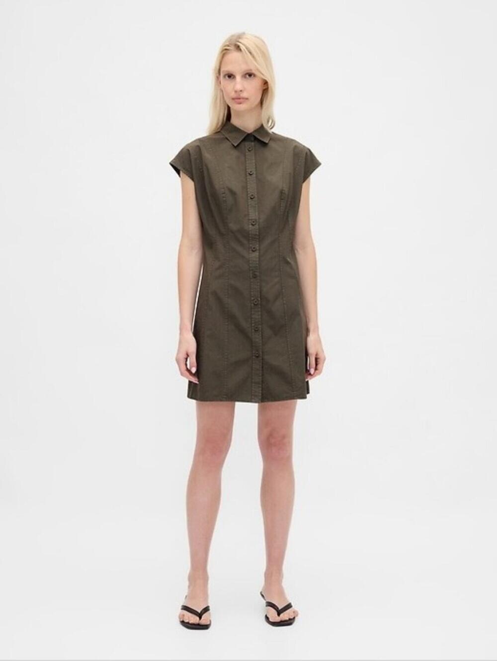 NWT Gap Poplin Seamed Shirtdress Black Moss Green medium shirtdress button down